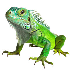 Obraz premium Vibrant Green Iguana Reptile Closeup Profile View Black Background, isolated on a transparent background