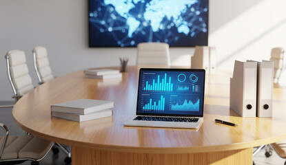 Modern Conference Room with Laptop Displaying Business Data and Global Network Screen