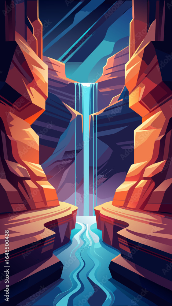 Poster a mountain range with a river running through it. the sky is cloudy and the sun is setting