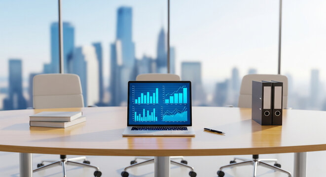 Business Data Analysis on Laptop in Empty Corporate Meeting Room with City View - Powered by Adobe