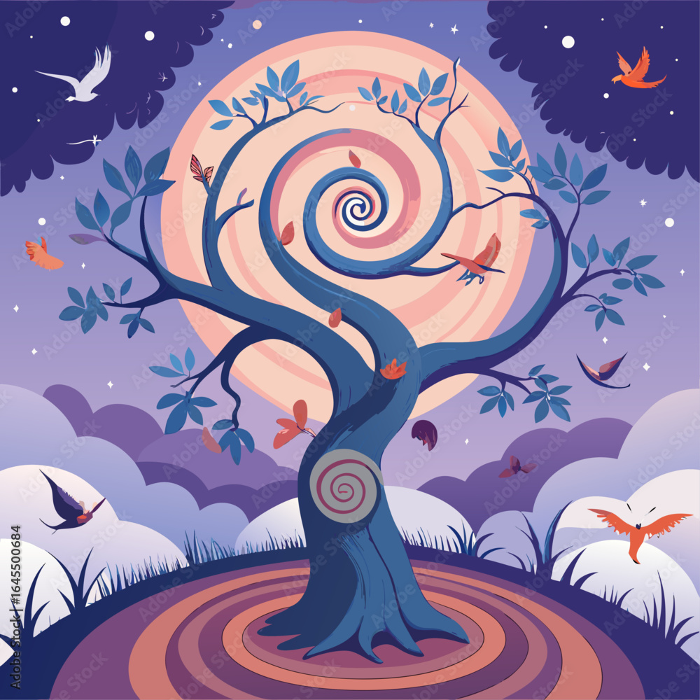 Poster a tree with a spiral trunk and a large circle on top. birds are flying around the tree