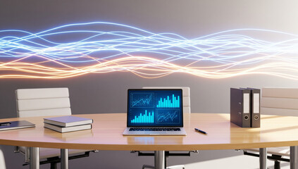 Data Analysis on Laptop in Modern Conference Room with Digital Connections