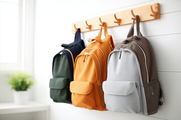 Three backpacks on hooks with customizable name tag, crisp studio lighting and clean white background