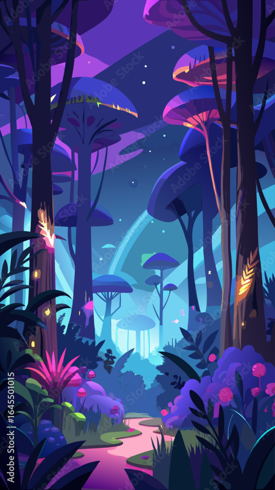 Poster a tranquil forest scene with glowing trees and a blue sky. the trees are illuminated by a soft, ethe