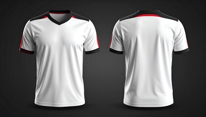 White T-shirt with Black and Red Trim on Dark Background Front and Back