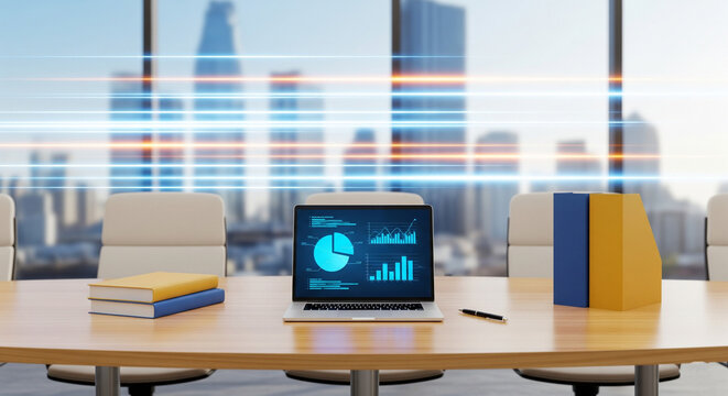 Business Data Analysis in Modern Boardroom with Cityscape and Tech Overlay - Powered by Adobe