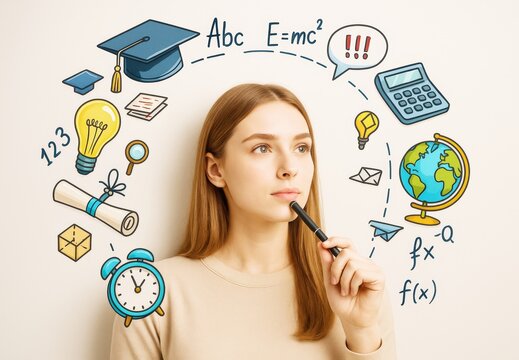 Thoughtful young woman contemplating education with colorful learning icons including science, math, and graduation on a light background.