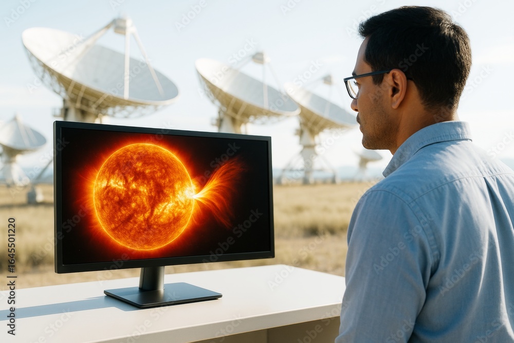 Poster scientist observing solar flare on computer screen with satellite dishes in background in daylight o