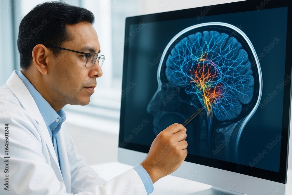 Poster doctor analyzing brain activity on digital screen with colorful neural network visualization in scie