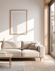 Modern minimalist living room interior with beige sofa and empty frame by sunlit window