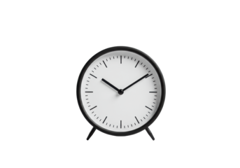 Sleek, unbranded modern analog desk clock at 10:10, transparent face, thin black ticks, hands, matte black frame, centered on transparent background, high-key studio shot, concept of precise time