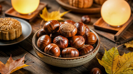 Autumn harvest: fresh chestnuts in rustic bowl with seasonal decor, Mid-Autumn Festival celebrate