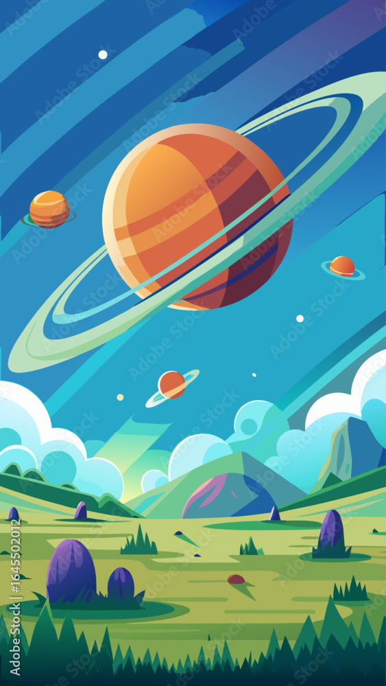 Poster a colorful space scene with a large planet in the middle and several smaller planets surrounding it.