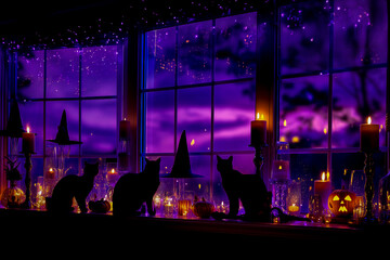 紫の夜空に浮かぶ窓辺の猫たちのハロウィンシルエット.Generative AI