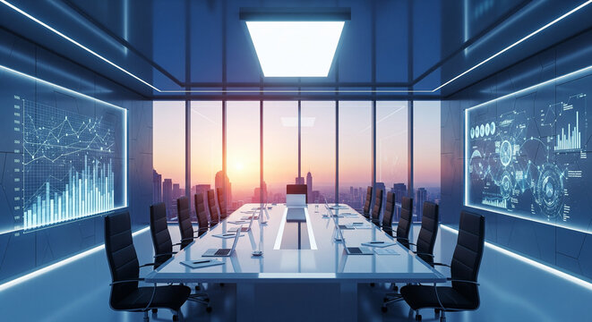 Futuristic Boardroom with Digital Data Displays and City Sunset View