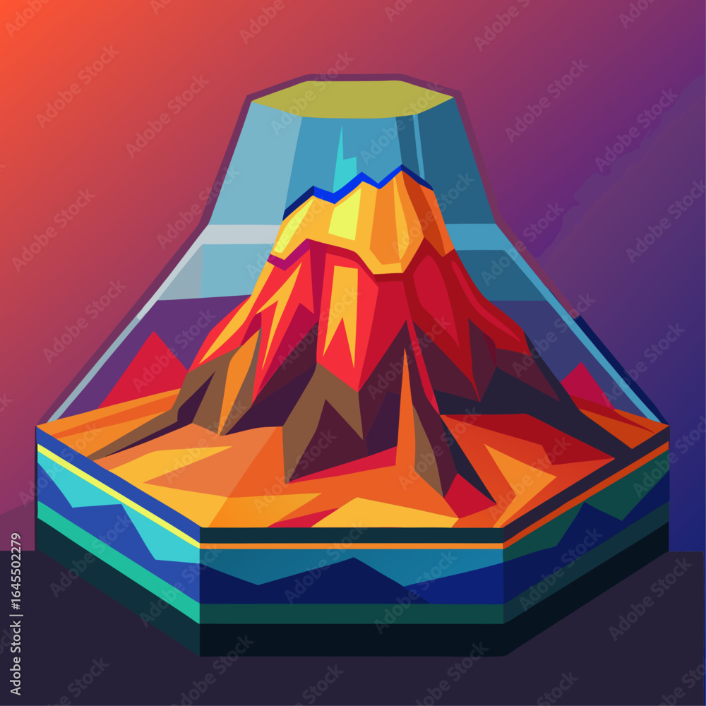 Poster a mountain with a volcano on top and a cloud in the background. the mountain is made up of different