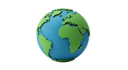 Paper cut-out Earth globe with green land, blue ocean, felt texture, isolated on transparent background with soft light, copy space. Concept of global unity