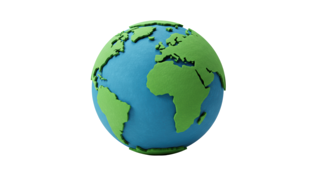 Paper cut-out Earth globe with green land, blue ocean, felt texture, isolated on transparent background with soft light, copy space. Concept of global unity