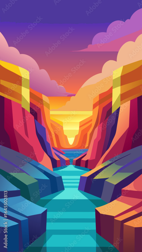 Poster a colorful mountain range with a river running through it. the colors of the mountains are vibrant a