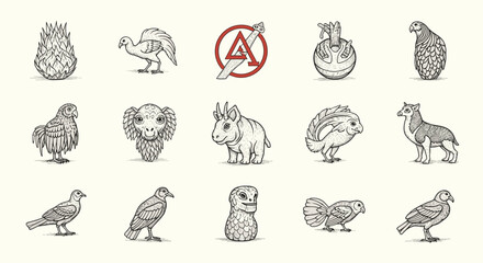 Illustration of twelve colorful tropical fish species arranged in a grid on a light background color