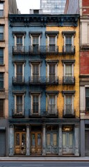 Fototapeta premium A city building, split down the middle with faded blue and yellow paint, showing age and wear with multiple windows and doors, set amongst neighboring buildings