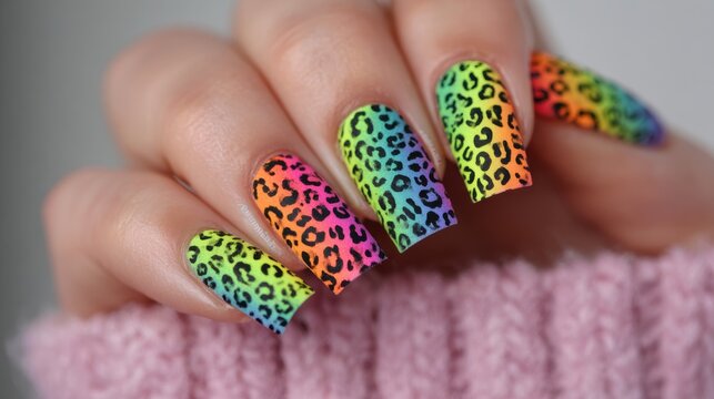 Woman's hand with neon leopard print nails