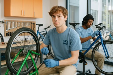 Two young male bike mechanics working on bicycles in a modern repair shop with tools and natural light background, wearing matching uniforms. Ai generative