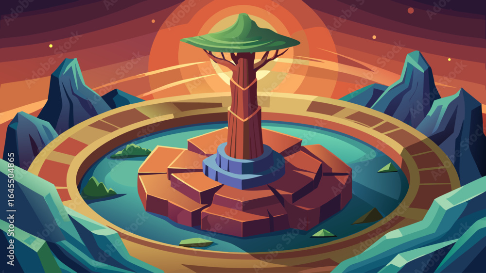 Poster a mountain range with a large tree in the center. the tree is surrounded by a circular path and a bo