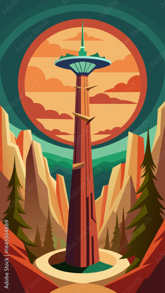 Poster a mountain range with a large tree in the center. the tree is surrounded by a circular path and a bo