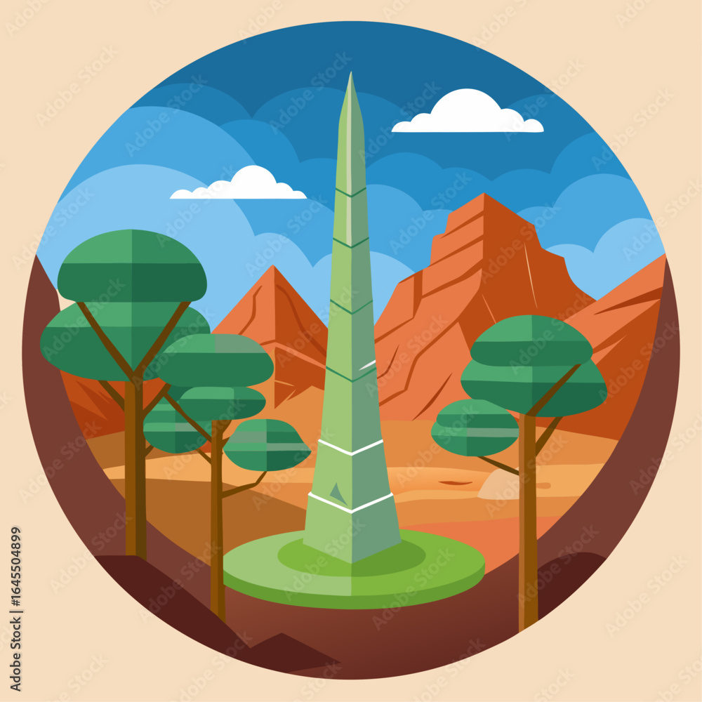 Poster a mountain range with a large tree in the center. the tree is surrounded by a circular path and a bo