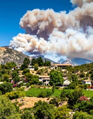 Fototapeta premium Hillside homes under a large plume of wildfire smoke against a bright blue sky