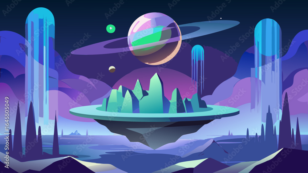 Poster a space scene with a planet and a moon. the planet is surrounded by a ring and the moon is floating 