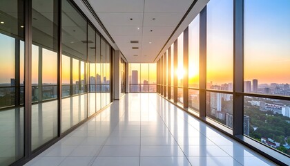Fototapeta premium Minimalist modern office hallway with sunrise view