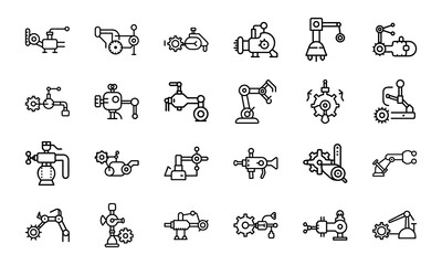 Industrial Robotic Machinery Icon Set – Minimal Line Style Vector Symbols for Automation, Engineering, and Manufacturing Design.