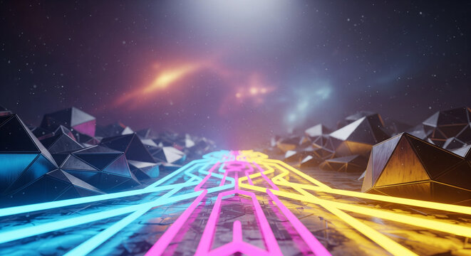 Futuristic Neon Pathways Across a Cosmic Low-Poly Landscape