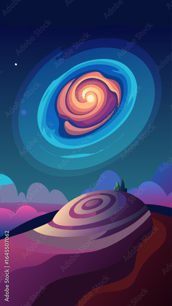 Poster a colorful space scene with a large spiral in the middle. the spiral is surrounded by mountains and 