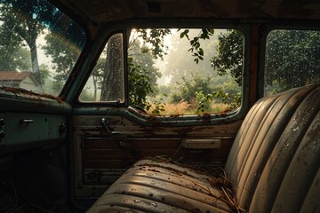 Fototapeta premium Rusty old truck interior, bathed in soft morning light with raindrops
