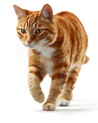 Obraz premium Orange tabby cat walking gracefully, detailed fur texture, isolated on white background.