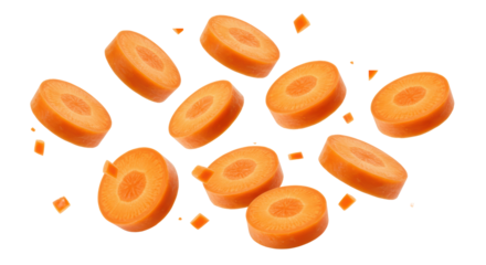 Vibrant orange carrot slices, freshly cut, crisp, sharp focus, frozen mid-air in a scattered tumble against a transparent background, concept of vitality and healthy living
