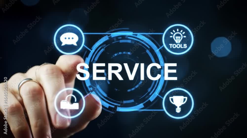 Poster finger touching digital interface with tools and service icons in dark background