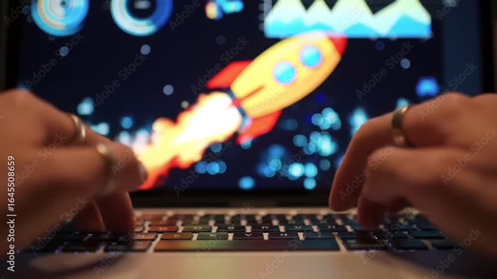 Poster Fingers Type on Laptop Keyboard with Rocket and Chart Display Close Up View