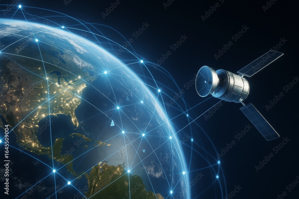 Poster satellite orbiting earth with glowing network lines illustrating global data and communication techn