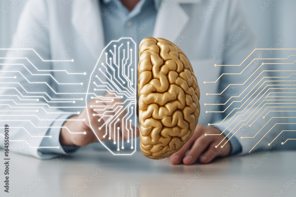 Poster human brain with digital circuit patterns representing artificial intelligence and neural networks o