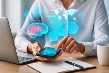 Businessperson using smartphone with digital brain hologram and tech interface in modern office environment on light background.