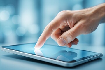 Close-up of human finger touching digital tablet with glowing effect on screen, showcasing modern technology interface on abstract blue background.