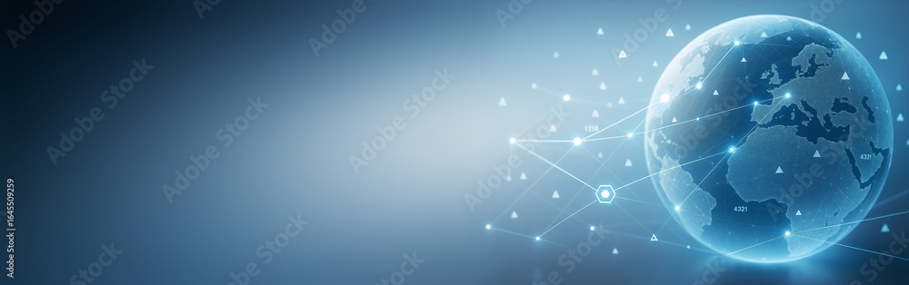 Poster digital globe with connected network nodes and abstract light elements on blue gradient background f