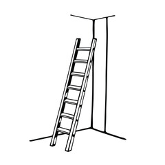 Simple black outline sketch of a ladder leaning in a corner against an unfinished wall, isolated vector illustration.