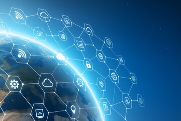 Global technology network concept with digital icons connected over Earth in futuristic hexagonal grid on deep blue background with bright light effect.