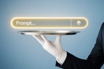 Glowing prompt bar hovering over silver tray held by gloved hand, symbolizing AI assistance and innovation on light blue background conceptually.