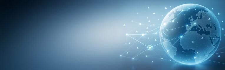 Digital globe with connected network nodes and abstract light elements on blue gradient background for copyspace business technology banner template.